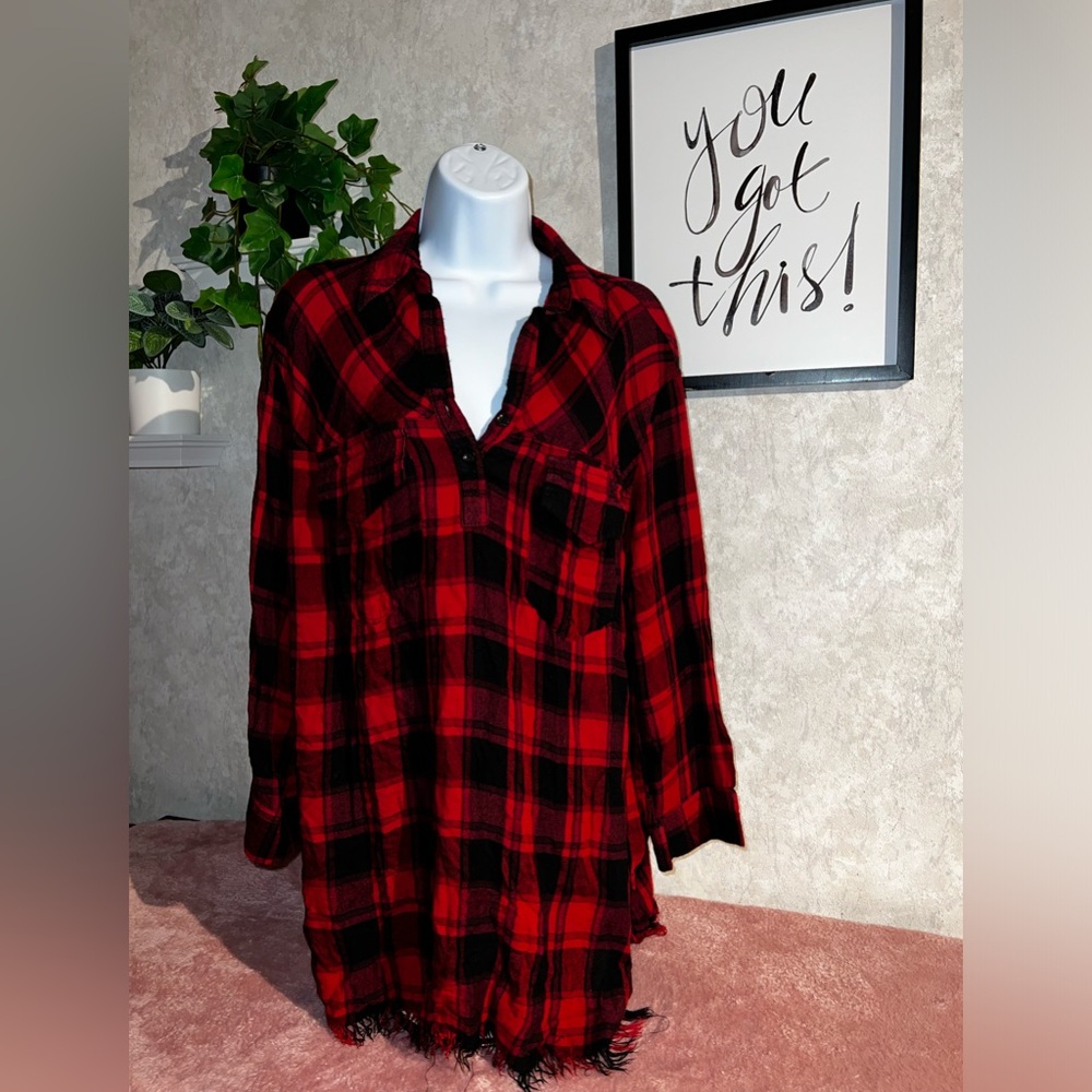 Umgee red buffalo plaid tunic top - Picture 3 of 15